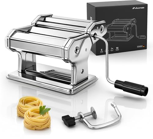 Allyson® Nudelmaschine Manuell Edelstahl, 9 Stärken, Tischklemme, Silber | Doppelschneider für Spaghetti & Tagliatelle, 0,3-3mm Teigdicke für Ravioli, robuste Bauweise, leichtgängige Handkurbel