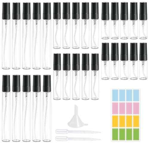 Ornatique 30PCS Mini Spray Atomizer Empty Bottles, 3ml 5ml 10ml Glass Refillable Perfume Bottles, Portable Transparent Sample Bottles for Travel Perfume Liquid