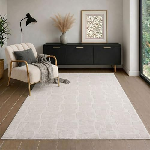 VIMODA Teppich Modern Wohnzimmer Schlafzimmer Rechteck 3D Effekt Hoch&Tief Pflegeleicht,Farbe:Creme;Maße:160x230 cm