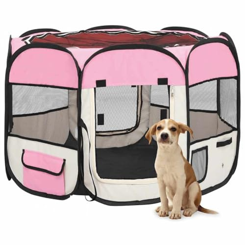 Enclos pliable pour chiot avec sac de transport - Rose - 90 x 90 x 58 cm - Avec toit en filet