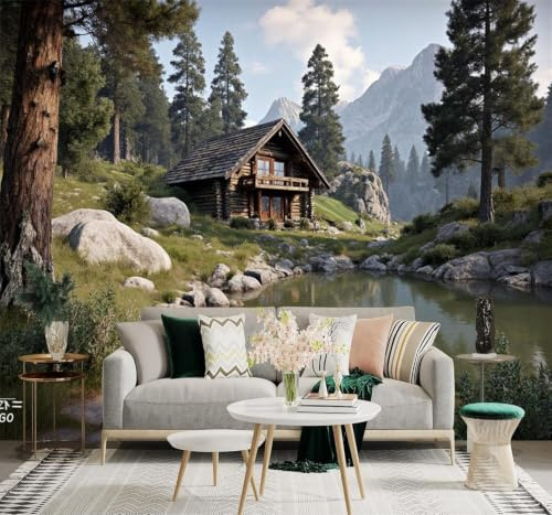 Tzxztt Mountains Lakes Cosy Log Cabin Pine Trees Rocks Modern 3D Wallpaper Premium Textured Silk Neutral Tones Material Ideal for Living Room Bedroom-150cm×105cm
