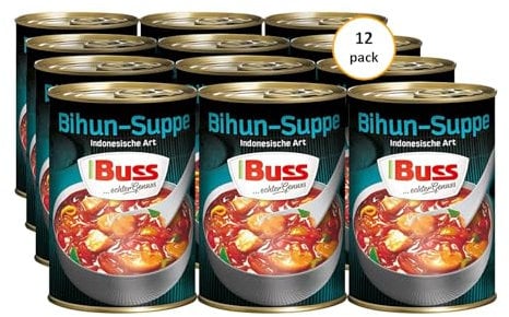 Buss Asia Suppen - Bihunsuppe Original nach indonesischer Art - Milde Asia Suppe mit Paprika, Hühnerfleisch und Glasnudeln - Schnelle Fertiggerichte zum Aufwärmen in Mikrowelle & Topf - 12 x 400g