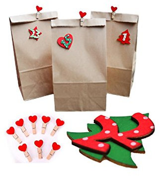 our fantasy time 24 XXL groß Kraftpapiertüten & Naturholzscheibe Zahlen & Herz Klammern & Klebepunkten - super schöner DIY Set Adventskalender