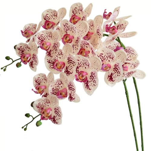 Htmeing Künstliche Phalaenopsis-Blumen, Zweige, fühlen sich echt an (keine Seide), Orchideen-Blumen für Zuhause, Büro, Hochzeitsdekoration, 2 Stück (lila gepunktet)