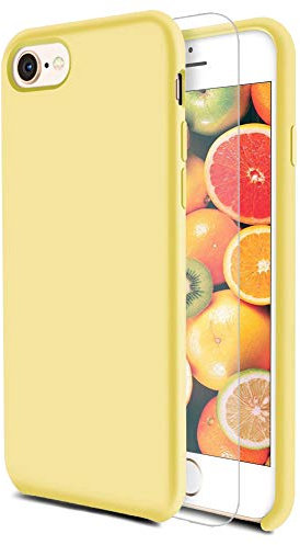 Feyten Coque iPhone 8/ iPhone 7 [avec Verre Trempé], Silicone Liquide Housse Case Anti-Choc Anti-Rayures Protection Complète Cover Étui avec Tissu Microfibre Coussin Coveri (Jaune Citron)