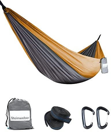STEINWEBER Ultraleichte Hängematte für Camping & Wandern - Fallschirmseide 285x160cm für 2 Personen - 250kg Traglast (Orange)