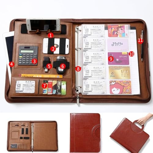 Konferenzmappe mit Reißverschluss, A4, Leder, mit Ringbuch, A4-Schreibblock, Kartenhalter, Taschenrechner und Notizbuch, Business-Dokumentenmappe