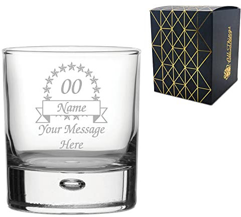 Personalised Engraved Novelty Whiskey Glass with Ribbon and Stars Birthday Design, Gift Boxed, Personalise for Any Birthday, Engraved in The UK, Holds Up to 11.5oz/330ml