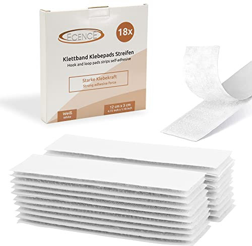 ECENCE 18 Stück Klettband selbstklebend extra stark, Streifen, 30x120mm, Klettverschluss selbstklebend Weiss, Klebepads für Wände, Boden, Türen, Auto