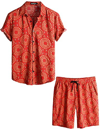 VATPAVE Herren Hawaii Hemd Blumen Sommer Outfit Männer Freizeit Kurzarm Strandhemd und Kurze Hosen 2 Teiler Set Hawaiihemd X-Large Rot Sonnenblume