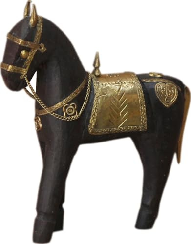 Deko Pferd geschnitzt mit Messingornamenten, Kolonialstil, elegant, 16cm | Handgeschnitztes Pferd, stilvolles Wohnaccessoire, ideal für jedes Zuhause, verleiht jedem Raum einen Hauch von Eleganz.