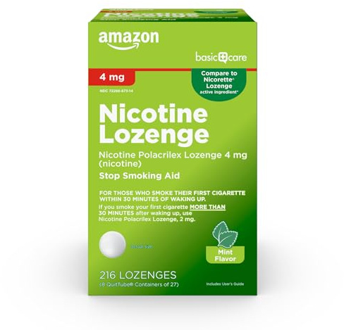 Amazon Basic Care Nicotine Polacrilex Lozenge, 4 mg (Nicotine), Adult, Mint Flavor, Stop Smoking Aid, Quit Smoking, 216 Count