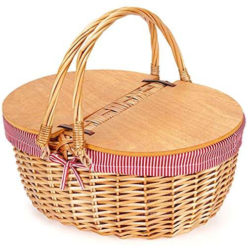 Panier de pique-nique en osier avec doublure, panier de pique-nique en bois avec couvercle divisé, panier de pique-nique en osier de style vintage avec poignée tissée pliable pour pique-nique,