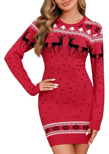 Irevial Vestito Maglione Lungo Donna Invernale Abito in Maglia Pullover per Natale a Maniche Lunghe Lavorato Girocollo Carine di Capodanno con Albero di Natale, Rosso, M