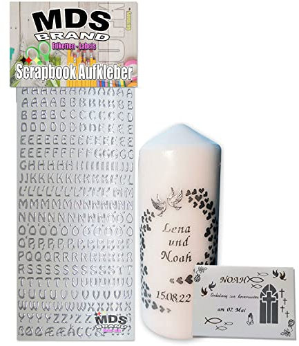 MDS Brand 1cm Buchstaben Aufkleber zum beschriften von Kerzen, für Hochzeitskerze, Taufkerzen, Kommunionkerzen oder dankeskarten, einfach zum basteln und gestalten 22-1