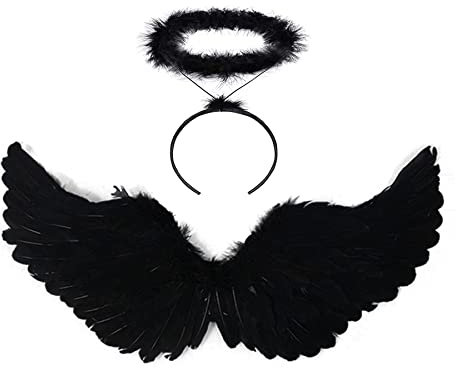YeahBoom 60CM Engelsflügel Schwarz mit Heiligenschein,Federflügel Engel,Engels Flügel Kostüm für Damen und Mädchen,Party Fasching Kostüme Deko,Kostümparty Verkleidung