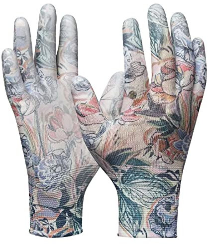 Gebol Miss Flower | 1 Paar | Gr. 7/S | Gartenhandschuhe mit Blumen-Muster | transparente Beschichtung | gute Passform | Arbeitshandschuh für Damen | bunt