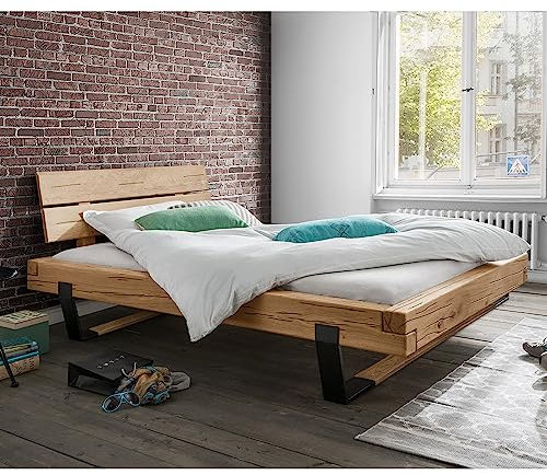 Lomadox Doppelbett Ehebett Bett Echtholz Massivholz, 160x200 cm, Eiche massiv, Holzkopfteil, Schwarze Metallkufen mit Massivholzeinsatz, B/H/T ca. 178/88/228 cm