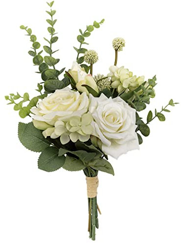 XD MEXL Künstlicher Eukalyptus und weiße Rosenstrauß, 37,8 cm, künstliche Seidenrosen, Brautstrauß, Blumenarrangement, Eukalyptus-Pflanzendekorationen für Zuhause und Hochzeit (weiß)