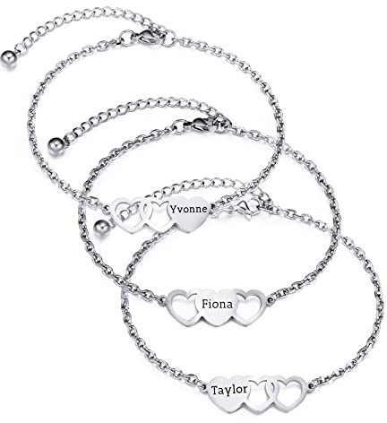 OTXIXTO Personalisierte 2/3/4 Stück Set von Edelstahl Herz Form Halskette/Armband Individuell Gravierte Namen Geschenk für Mutter Tochter Schwester Beste Freundin (3 Stück, Silber Armband)