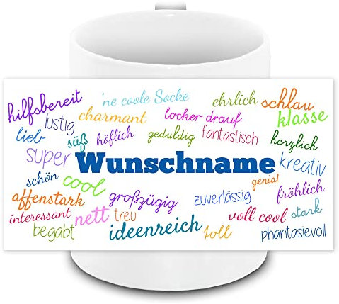 Tasse personalisiert mit Namen und Motiv Positive Eigenschaften mit blauem Text | Motiv-Tasse mit Wunschnamen | Kaffee-Becher weiß