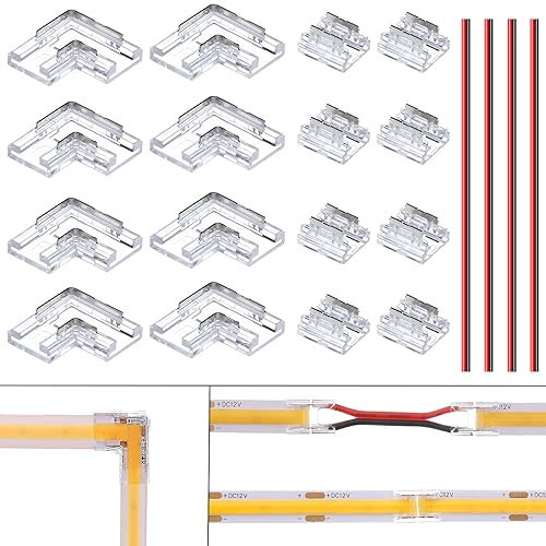 BENLUIN 2 Polig 8mm LED Streifen Verbinder 8 Stück L-förmige Eckverbinder und 8 Stück Strip zu Strip Verbindungsstücke für ohne Löten 12V 24V COB SMD LED Band Strip