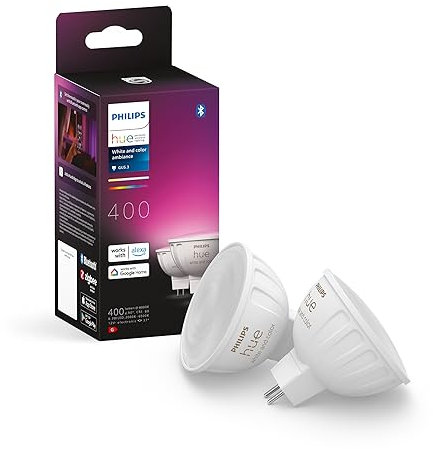 Philips Hue - Bombilla LED Inteligente, MR16, Luz Blanca y de Colores, regulable, 6.3W, Compatible con Amazon Alexa (Echo, Echo Dot) - Pack de 2 Bombillas LED inteligentes