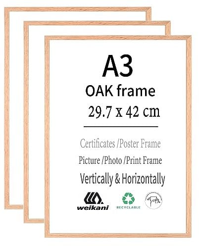 Weikani A3 Picture Frame,3 Pack-29.7x42 cm OAK Wood Photo Frame,Certificate Frame with Plexi-glass for Wall Mount or Table Top Display