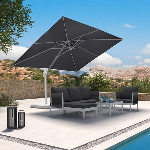 PURPLE LEAF Ampelschirm Rechteckig 270 x 350 cm, Sonnenschirm groß mit Kurbel, Aluminium Gestell in Weiß, 360° Drehbar, für Garten Terrasse, Sonnenschutz, Hellgrau