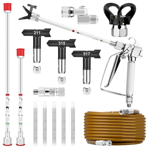 15-teiliges Airless-Spritzpistolen-Set, 3600 PSI Airless-Farbspritzpistole mit 7,6 m Hochdruckschlauch und 3 Sprühspitzen, 2 Spitzen-Verlängerungsstab, 5 Filter und Spitzenschutz und Sprühpistole