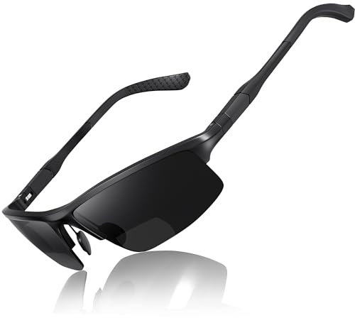SKYOAK Sports Bifocal Reading Sunglasses Men Wrap Around UV 400 Protection Aluminum Frame Glasses Spring Hinge Semi Rimless Sun Readers Built In Driving/Running/Fishing Black, 2.5