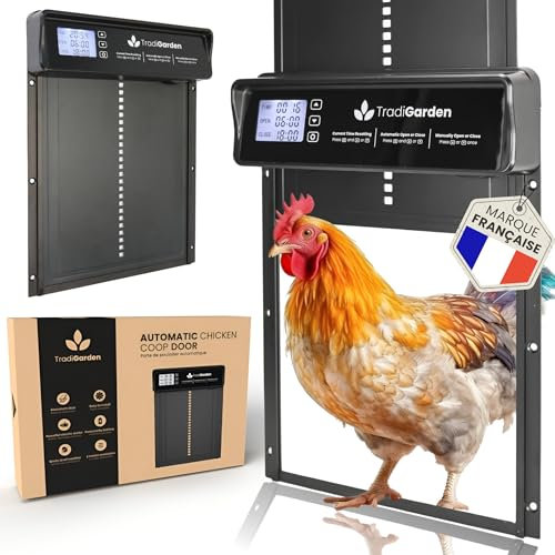 Porte Automatique de Poulailler Étanche avec Ouverture Programmable - Adapté à Tous Les Poulaillers - Fonctionne à Piles - Trappe Poulailler Automatique en Aluminium - Anti-Pincement - Écran LCD