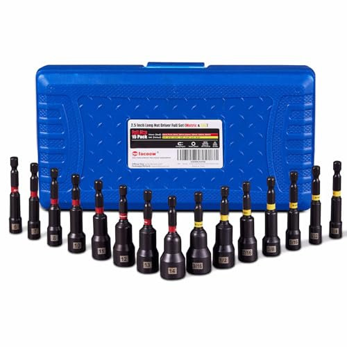 Facoow Magnetic Nut Driver Set for Impact Drill, 15 Pcs with Metric & SAE with Storage Case, Durable for Professional and Diy Projects