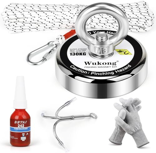 Wukong Magnet Fishing Kit,130kg(286lb) Strong Pull, Magnet Fishing with Rope, Hook, Gloves & Threadlocker, Round Neodymium Magnets for Underwater Heavy Items Salvage in River