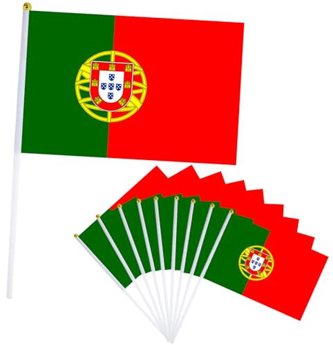 10 piezas Bandera de Mano Portugal,Pequeña Personalizada Banderas con Mastil para Decoración Patio,Balcón,Jardin,Barra,para Juegos de Fútbol,Eventos Deportivos,Día Nacional,Fiesta de Portugal