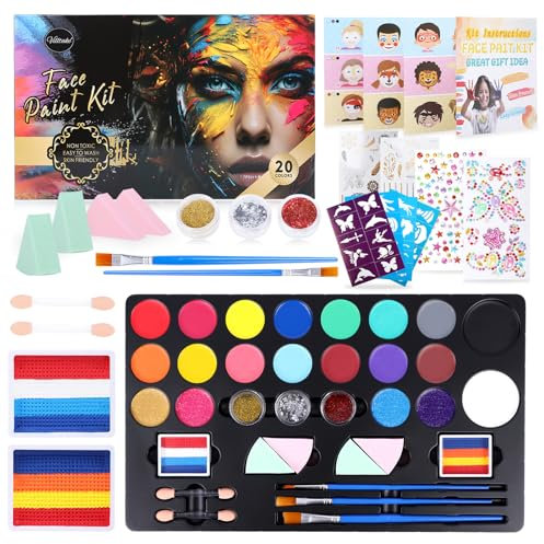 Kit de Pintura Facial para Niños 20 Colores - Maquillaje Hipoalergénico con Plantillas, Purpurina y Pinceles - Carnaval, Halloween, Fiestas Infantiles, Cumpleaños