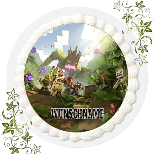 WUNSCHNAME Tortenbild, Zuckerbild mit Motiv, Essbares Foto für Torten, Tortenbild, Tortenaufleger Ø 20cm FONDANT MINECRAFT Nr. 20