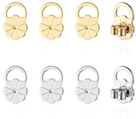 Nogeqi 4 Pairs Gold Silver Earring Backs Earrings Backs for Heavy Earrings Earring Supports for Heavy Earrings Hypoallergenic Adjustable Crown Backs for Earrings Heavy Earring Support Backs