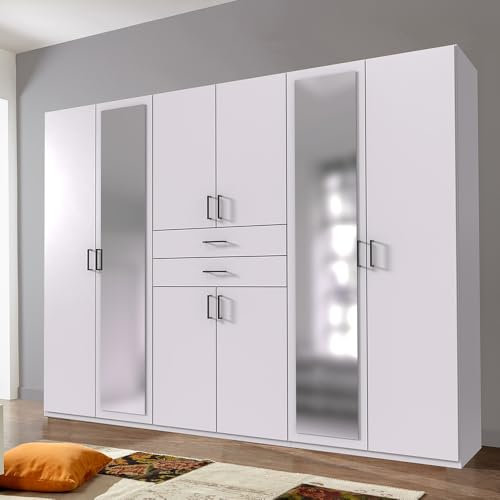 Lomadox Schlafzimmer Kleiderschrank Drehtürenschrank 270cm in weiß, mit 8 Türen, 2 Schubladen, 2 Kleiderstangen