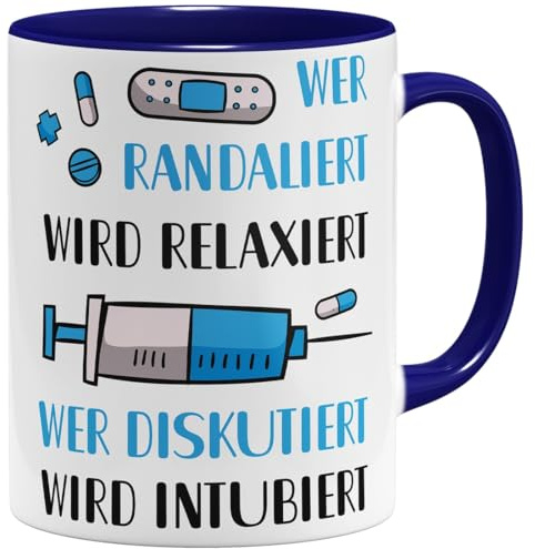 OM3® witzige Kaffee-Tasse mit Spruch - Wer randaliert wird relaxiert, wer diskutiert wird intubiert - Keramik Becher - 325ml - Beidseitig Bedruckt - Dunkelblau