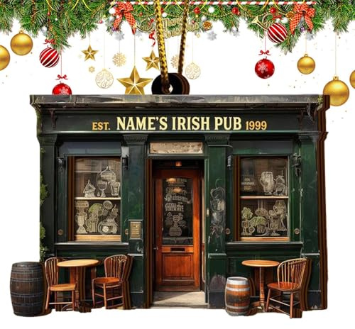 Irish Pub Weihnachtsbaumschmuck – Traditioneller Holzschmuck, Irland Grüne Weihnachtsdekoration | Festliche Verzierung für den Rückspiegel, Klassische irische Dekoration, charmanter für die Prä