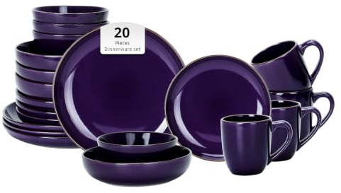 Home VSS, EUR-Nordic Shape Raising Rim 20pc Dinnerware Set, Shiny Glaze Purple with Speckle Effect