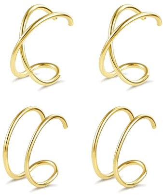 ALEXCRAFT 2Paar Ohrclips Gold Kreuz Verdrehter Ohrringe Dünner Doppel Creolen Ohrmanschette Vergoldet Manschetten Ohrklemme Ohrclips Ear Cuff Knorpel Ohne Ohrloch Pircings Ohrringe Gold Damen Frauen