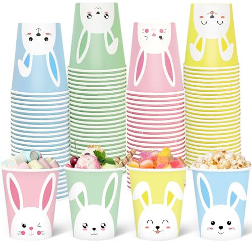 FYSUIMU 100Pcs Easter Paper Cups Colorful Bunny Disposable Cups Spring Pastel Rabbit Drinking Cups for Juice Coffee Hot Cold Drink Party Holiday Supplies