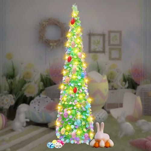 Albero di Pasqua, Albero Pasqua Pop Up 152.4cm, Albero di Natale Pieghevole,Decorazioni Albero di Pasqua con 5 Metri di Luci Riscaldanti a 50 Luci,Albero Delle Uova di Pasqua e 20 Uova Casuali (tondo)