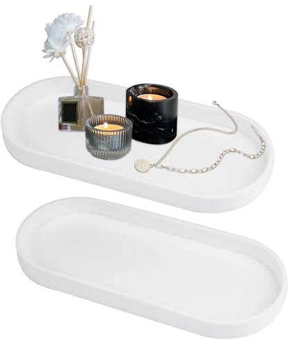 2 Stück Weiß Silikon Oval Kosmetiktabletts, 25×11×2cm Badezimmer Tablett, Dekotablett Deko Tablett Silikon, Oval Bad Dekotablett für Tücher Kerzen Handtuch Seife Pflanze Schmuck Kosmetiktablett