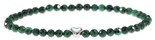 LAKADA Echtes Malachit Edelstein Armband mit facettierten 4mm Perlen und Edelstahlherz Heilstein Schutzstein Edelsteinarmband Glücksbringer Talisman Geschenk (Malachit, 18CM, S)