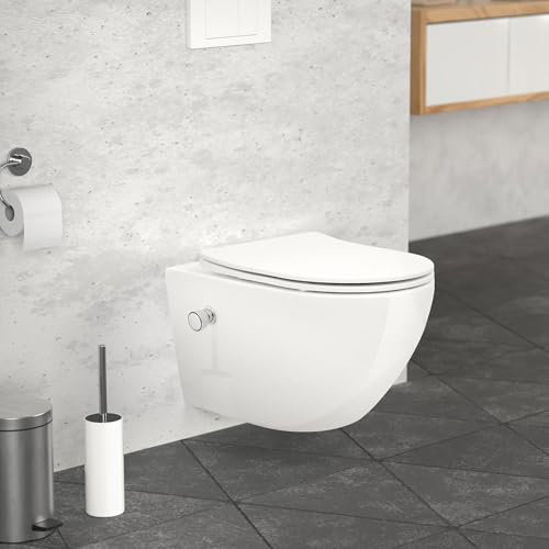 LuxeBath Spülrandloses Wand Hänge Dusch WC Weiß lang aus Keramik mit Bidet-Funktion, Wand WC mit WC-Sitz Soft-Close Absenkautomatik Toilettensitz Duroplast abnehmbar, Tiefspüler WC Hänge Toilette
