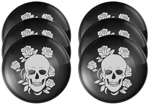 xiaoyu Lot de 6 assiettes à dîner en acier inoxydable motif squelette d'Halloween, assiettes rondes en métal de style gothique, motif unique crâne/floral, vaisselle pour dîner, fêtes et camping