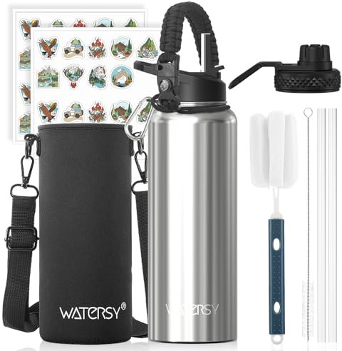 WATERSY Stainless Steel Vacuum Insulated Water Bottle 40oz, Drink Flask Metal Water Bottles 1200ml with 2 Lids Leakproof (Straw Lid and Spout Lid) Keep 24 Hours Cold Drinks for Sport, Work, Travel